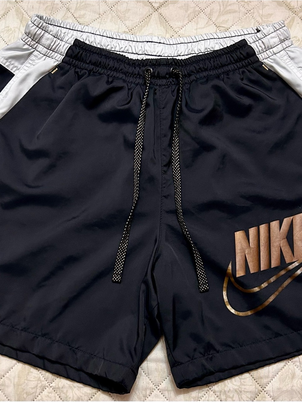 Vintage Nike Team Sports Nylon Shorts Black White Gold Logo Men's M